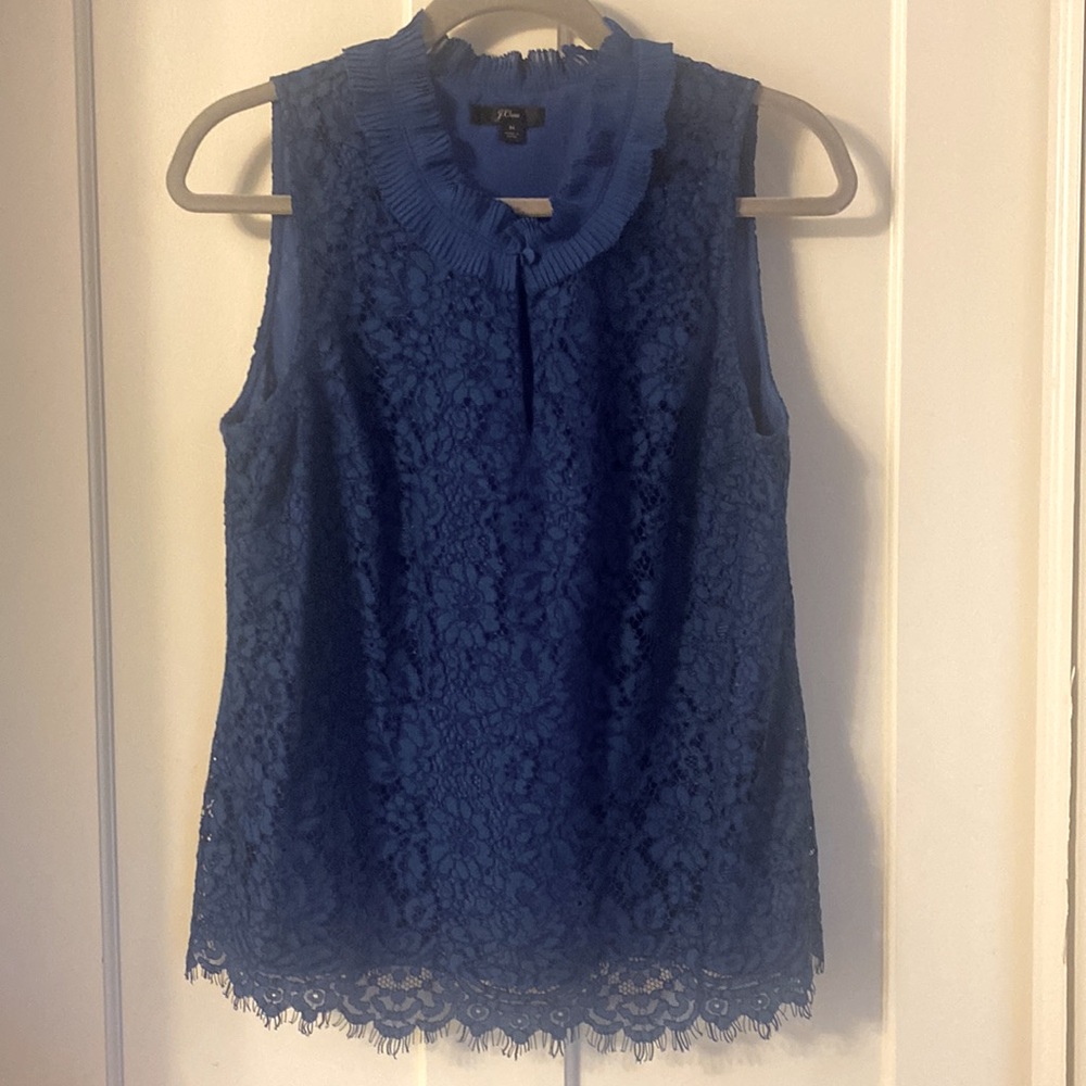 EUC Jcrew exquisite lace ruffle lined blouse royal blue, pullover, medium 💙